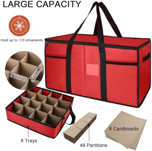 Christmas Ornament Storage Box with Dividers, Holds 128 Balls, Red - Image 4