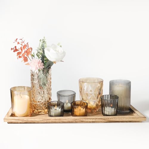 Rustic Wooden Tray with 8 Brown Glass Votive Candle Holders - Image 2