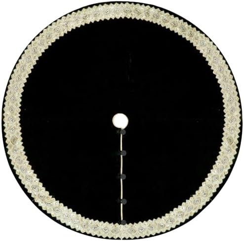 84-Inch Venetian Gilded Christmas Tree Skirt with Jeweled Gold Band and Button Loops, Black - Image 2