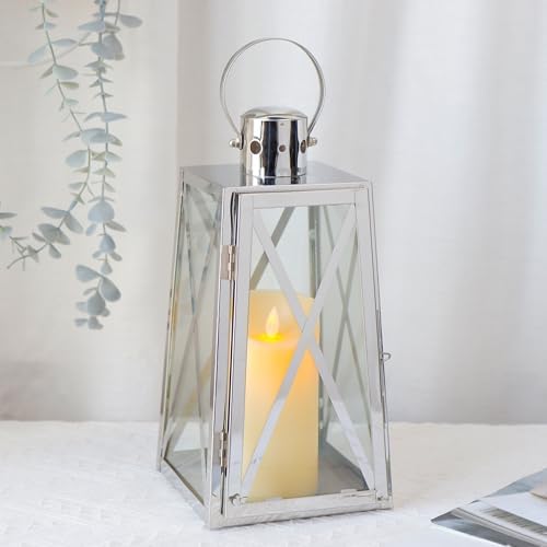 TRIROCKS Set of 2 Stainless Steel Decorative Lantern 12'' H Metal Candle Holder Hanging Candle Lantern with Tempered Glass for Home Decor Living Room Parties Events Indoor Outdoor (Silver Trapezoid) - Image 2