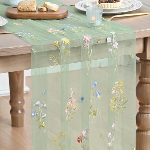 Artoid Mode 6PC Wildflower Floral Sage Green Gauze Embroidery Table Runner 120 Inch 10FT, Tulle Seasonal Spring Kitchen Dining Table Decor for Home Party by ArtoidMode