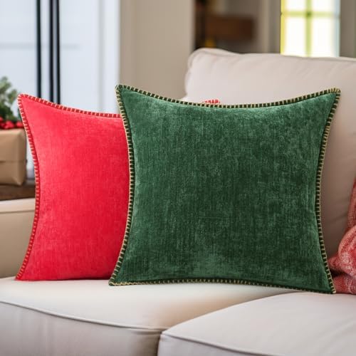 decorUhome Soft Chenille Throw Pillow Covers 24x24 Set of 2 Christmas Red - Image 4