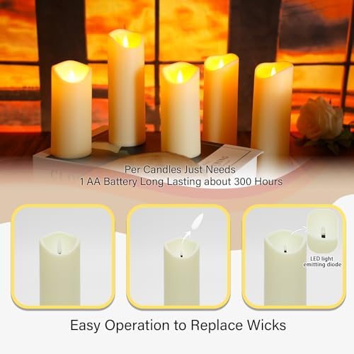kakoya Flickering Flameless Candles, Battery Operated Acrylic LED Pillar Candles with Remote Control and Timer,Set of 9 (Ivory) - Image 2