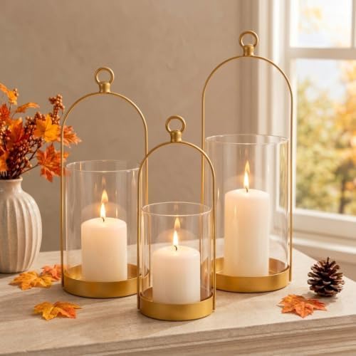 3 Pcs Glass Hurricane Candle Holders, Candle Lantern, 3 Sizes, Gold by LOYIM