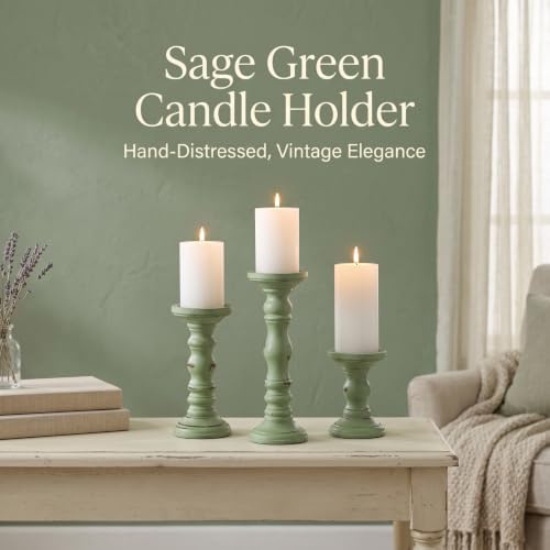 Set of 3 Wood Pillar Candle Holder Farmhouse Decor, Sage Green | Rustic Wood Candlestick Holder, 12", 9", 6"H, Large Pillar Candle Stand for Fireplace Mantel Thanksgiving Table Centerpieces - Image 3
