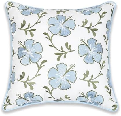 Hofdeco Premium Coastal Patio Indoor Outdoor Throw Pillow Cover Only, 18"x18" Water Repellent for Backyard, Couch, Baby Blue Green Embroidered Hibiscus Floral with Piping (Pack of 2) - Image 6