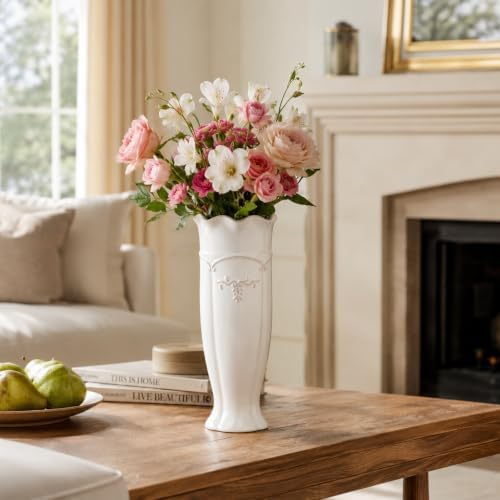 hjn White Ceramic Vase- French Flower Vase for Decor Tall Vintage Vases for Flowers/Home Decoration/Kitchen/Table/Living Room/Shelf/Mantel/Office-Height-11.6" - Image 5