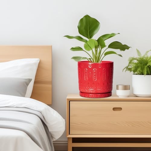 Eightpot Ceramic Plant Pots, 8 Inch Plant Pots Indoor Outdoor, Round Flower Pot with Drainage Hole and Sacuer, Boho Pot for Plants, Decorative Planter, Home Room Bathroom Decor, Garden Gifts, Red - Image 7
