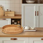 Round Rattan Serving Tray with Handles, Hand Woven Basket, Home Decor Organizer Tray for Breakfast, Tea, Snack, Fruit, Coffee,Storage (Large)(14.17inchX2.3inch) - Image 6
