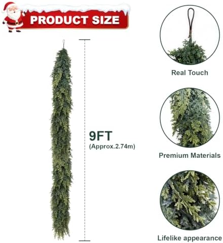 2Pcs 9FT Christmas Cedar Garlands Realistic, Real Touch Winter Xmas Garland, Christmas Decorations Indoor Outdoor, Artificial Holiday Decor Faux Greenery for Mantle, Fireplace, Table - Image 2