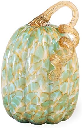 Decorative Handblown Glass Pumpkin Figurine, 5 x 8.5-Inches, Green and Gold by BostonInternational