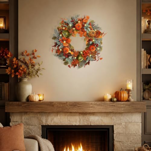 20 Inch Pre-Lit Pumpkin Fall Wreath for Front Door, 30 White LEDs - Image 6