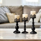 BANOMII Vintage Pillar Candle Holders for Table Centerpiece Set of 3-11'' 9'' 8'' - Matte Black Metal Candle Stands Decorative - Candle Centerpiece for Table Fireplace Decor - Gothic Candle Holder - Image 4