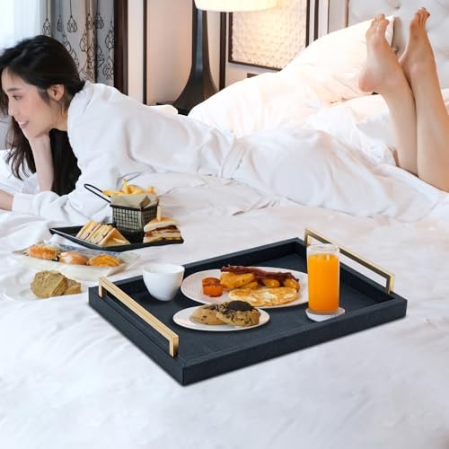 XIGEXIGE Black Faux Leather Serving Tray, 17x12 inches, Brushed Gold Handles, Decorative Tray for Ottoman Coffee Table, Living Room, Kitchen, Bathroom - Image 6