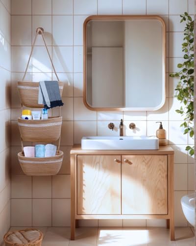 Over the Door Hanging Basket for Organizing 3 Tiers Woven Cotton Rope Wall Mount Storage basket Decorative Kitchen Hanging Organizer Bathroom include 1door hook Flaxen - Image 2