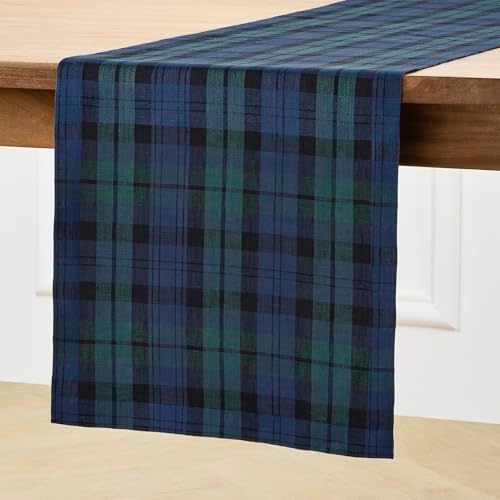 Solino Home 100% Pure Linen Table Runner, 14 x 132 in, Blue and Green Plaid - Image 2