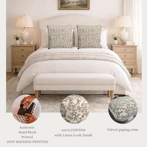 Palm & Loom 100% Cotton Linen Cushion Cover - Decorative Throw Pillow Case with Powder Blue & Green Print with Pipping - Traditional Living Room, Bedroom Pillow Cover (Jal, 20" x 20" (Pack of 1)) - Image 3