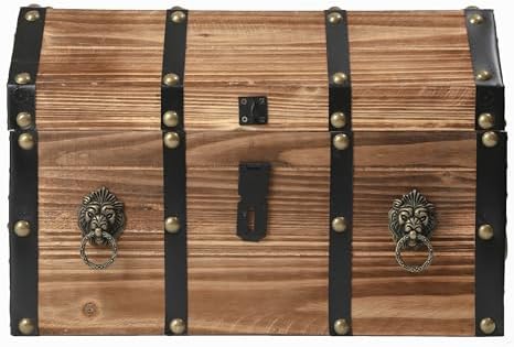Vintiquewise Wooden Treasure Chest Trunk Vintage-Style Storage Box with Leather Straps Brass Rivets Lion Head Ornaments & Latch Closure Decorative Accent and Functional Organizer for Home Décor, Large - Image 6
