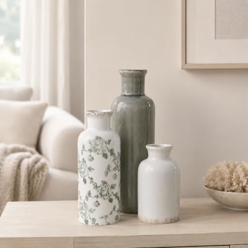 Green Vintage Vase Set of 3, Flower Decorative Vase Home Decor Retro Floral Vase Ceramic Vase Set Chinoiserie Decor for Fireplace Kitchen Counter Living Room (Vintage-Geen) - Image 3