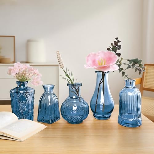 Blue Glass Vase Set of 12, Clear Bud Vase in Bulk, Small Flower Vases for Centerpieces, Mini Vases for Flowers, Vintage Decorative Embossed Vase for Home Decor, Wedding Table Decoration, Gift - Image 5