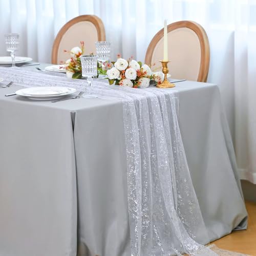 Snowkingdom 10 Pcs 10 FT Silver Table Runners, Sheer Chiffon Gauze Cheesecloth Runner, Sequin Glitter Silver Party Table Decoration Centerpieces for Wedding Christmas Birthday Bridal Baby Shower - Image 5