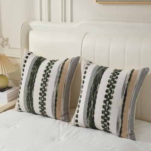 Boho Pillow Covers 18x18 Set of 2 for Couch-Modern Farmhouse Sofa Green Decorative Throw Pillow Covers Textured Chenille Cushion Covers Outdoor Netural Bohemian Bed Pillow Cases Square - Image 2