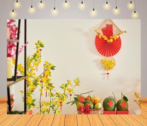 BELECO 12x10ft Fabric Vietnamese New Year Backdrop TET Decorations Fresh Fruits Yellow Blooming Flowers Red Paper Fan Background Asian Lunar New Year Party Decorations Photoshoot Props - Image 2