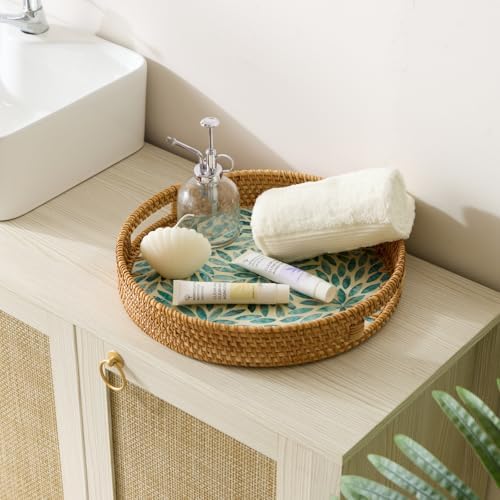 YANGQIHOME Round Rattan Tray with Handle, Mother of Pearl Inlay Decorative Wicker Basket for Coffee, Bread, Fruits, Serving Tray for Home Decor, Blue Flower - Image 5