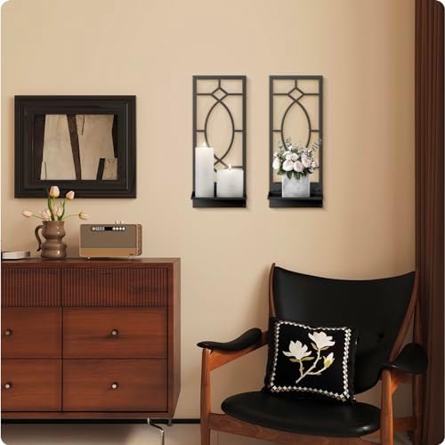 Candle Wall Sconces Set of 2, Black Metal Minimalism Wall Candle Holder for Living Room, Dining Room, Bedroom, Bathroom (2 Pack, 16.5 x 7 in) - Image 7