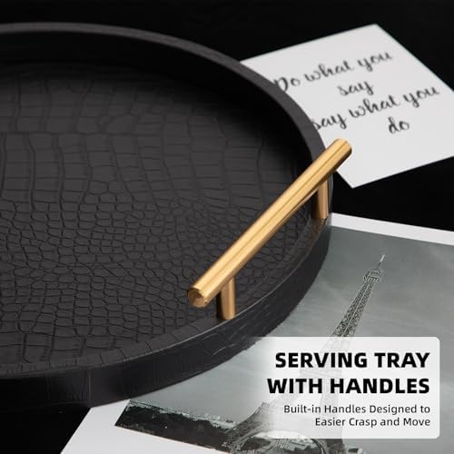 Decorative Serving Trays, Set of 2 Wood Modern Crocodile Leather Round Tray with Polished Metal Handles, Decorative Trays Coffee Table Tray Ottoman Platter for Home Decor (Black) - Image 4