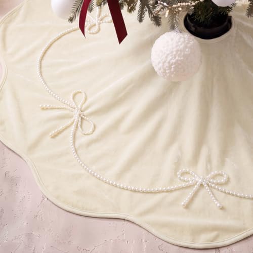 Foilswirl 48 Inch Ivory Velvet Christmas Tree Skirt, Scallop Dedge - Image 3