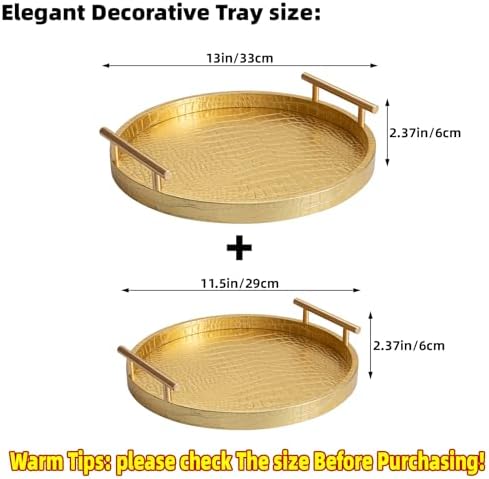 Modern Decorative Tray Set of 2, Wooden Round Crocodile Leather Tray with Polished Metal Handles, Decorative Serving Trays Coffee Table Trays Ottoman Platter for Home Decor (Golden) - Image 2