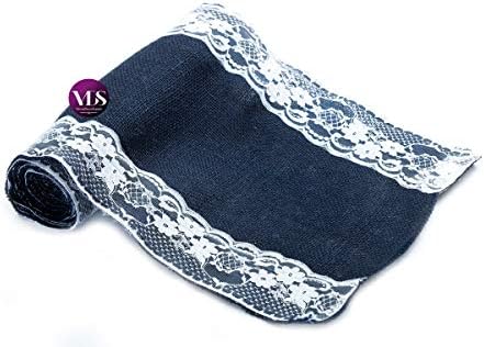 VDS Pack of 25, Burlap Table Runner with White Lace Edge, 100% Natural Jute Rustic Hessian Table Cloth Centerpiece for Wedding Birthday Party Banquet Table Decoration (Size 12X108 Inch)(Navy Blue) - Image 3