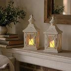 TRIROCKS Set of 2 Decorative Candle Lantern 11'' High Metal Candle Holder Hanging Lantern Perfect for Home Decor Halloween Living Room Parties Events Tabletop Indoors Outdoors (White with Gold Brush) - Image 4