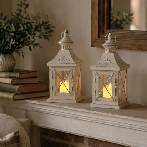 TRIROCKS Set of 2 Decorative Candle Lantern 11'' High Metal Candle Holder Hanging Lantern Perfect for Home Decor Halloween Living Room Parties Events Tabletop Indoors Outdoors (White with Gold Brush) - Image 4