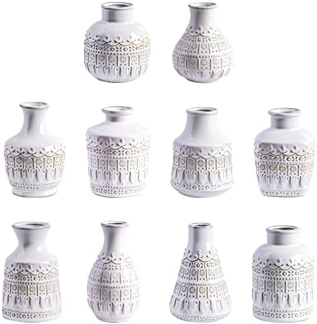 Yundu White Ceramics Bud Vase Set of 10 - Small Vases for Flowers, Vintage Vases for Centerpieces, Table Decorations for Rustic Wedding, Bud Vases in Bulk by YunduHome