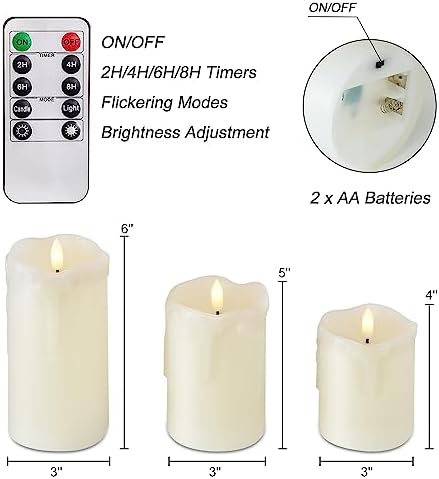 Homemory Dripping Wax Flameless LED Pillar Candles, Battery Operated with Remote Control and Timer, Set of 3, 5" H x 4" W x 6" D - Image 6