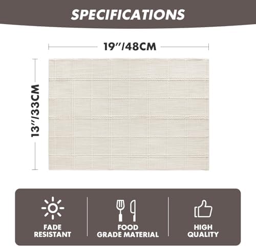ZeeMart Linen Checked Farmhouse Placemats Set of 6, Ivory 13x19in - Image 2