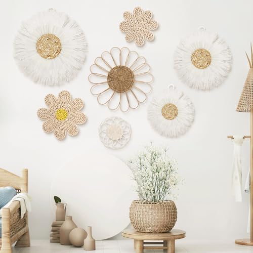 Chunful 7 Pcs Boho Wall Basket Decor Rattan Flower, Milky White by Chunful