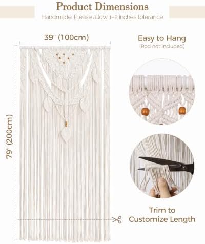 BECHAEO Boho Macrame Curtain with Leaves Tassels, 2PCS 39" x 79" White C - Image 7