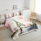Paris Decor Comforter Set Full Girly French Eiffel Tower Bedding Sets For Girls Kids Women Couple Bedroom Pink Cherry Blossoms Duvet Insert Watercolor Paris Tower Comforter Valentine 3 Pieces - Image 5