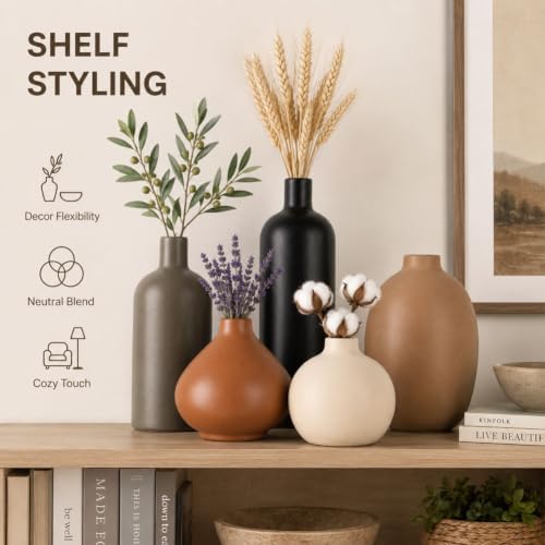 Ceramic Vase Set of 5, Modern Vases Home Decor, Neutral Decorative Vases for Pampas Grass Dried Fresh Flowers, Small Vase Set for Living Room Kitchen Bedroom Bathroom Entryway Mantel Decor - Image 5