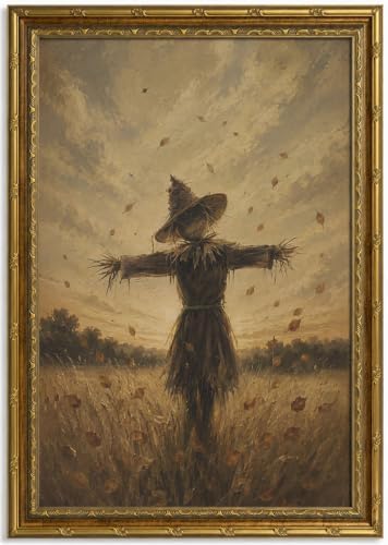 Gold Framed Scarecrow Wall Art, Autumn Farmhouse Canvas Print, 24x16 by Qzzrin