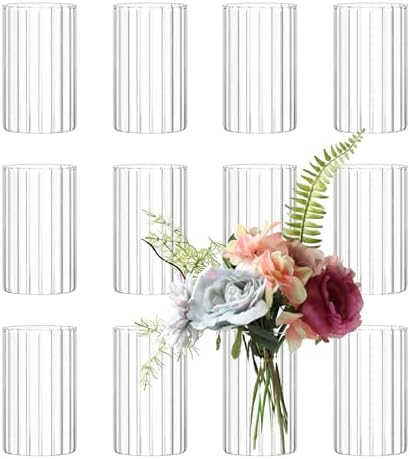 12Pcs Glass Cylinder vases for Centerpieces, 6 Inches Clear Ribbed Bud Vases for Wedding Decorations,Floral Vase Bulk Flower vases,Tall Glass Hurricane Candle Holder for Table Shelf, Party(Ribbed) by Etolies