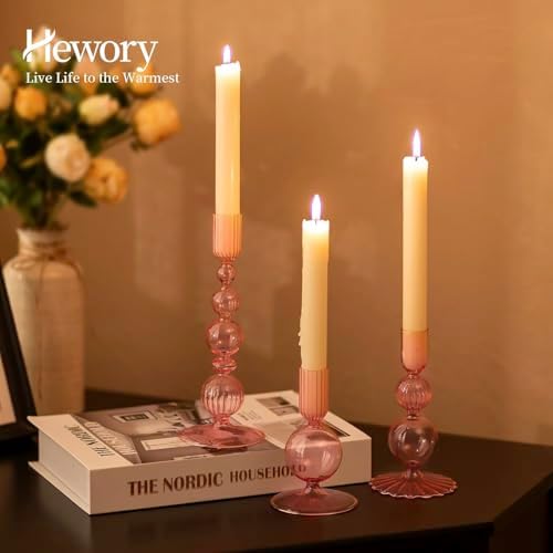 Hewory Glass Candlestick Holders Set: 3PCS Pink Candle Holder Taper Candle Holders Bulk, Crystal Ribbed Candle Sticks Holder Decor for Table Centerpiece Wedding Christmas Thanksgiving Dinner - Image 2