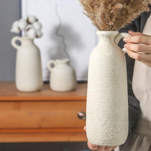 Ceramic Vase Set of 3 with Handle, Neutral Rustic Vases Home Decor Farmhouse Decorative Vase Whitewashed Pottery Decor Modern for Table Mantel Entryway Bookshelf Living Room Kitchen Bedroom - White - Image 3