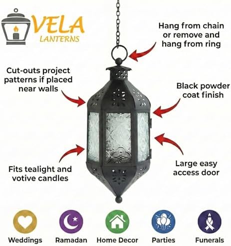 Vela Lanterns Hanging Moroccan Lamp - Exotic Decorative Patio & Porch Decor, Indoor Outdoor Tea Light Candle Lantern Holder with Chain (11" Medium, Assorted Colors, 6-Pack) - Image 3