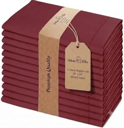 Urban Villa Cloth Napkins 100% Cotton Dinner Napkins Highly Absorbent 20x20 Inches (Set of 12) Maroon Colour Reusable Washable Soft Durable Premium Napkins Ideal for Home Wedding Parties by CottonTrends