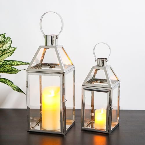 TRIROCKS Set of 2 Stainless Steel Decorative Lanterns 13"&10" H Metal Candle Holders with Tempered Glass for Home Decor Living Room Parties Events Tabletop Indoors Outdoors(Silver) - Image 5