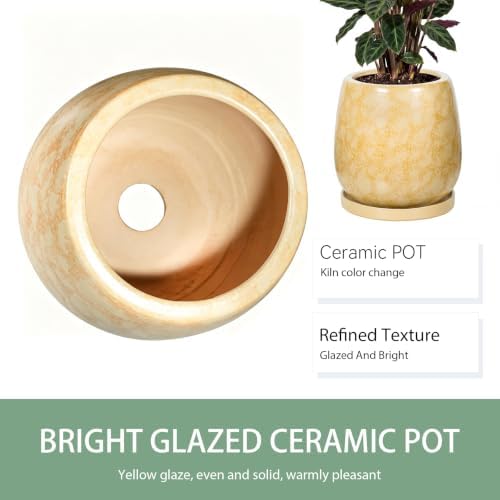 10.3 Inch Ceramic Glaze Plant Pot with Saucer, Flower Pots with Drainage Hole Mesh Net (Brown-Yellow) - Image 6